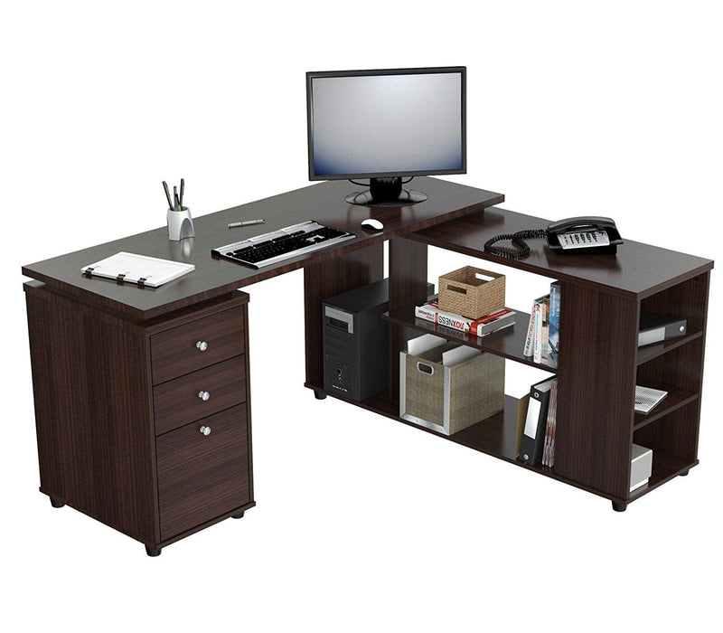 Homeroots Espresso Finish 3 Drawer L Shape Computer Desk with Storage 249808