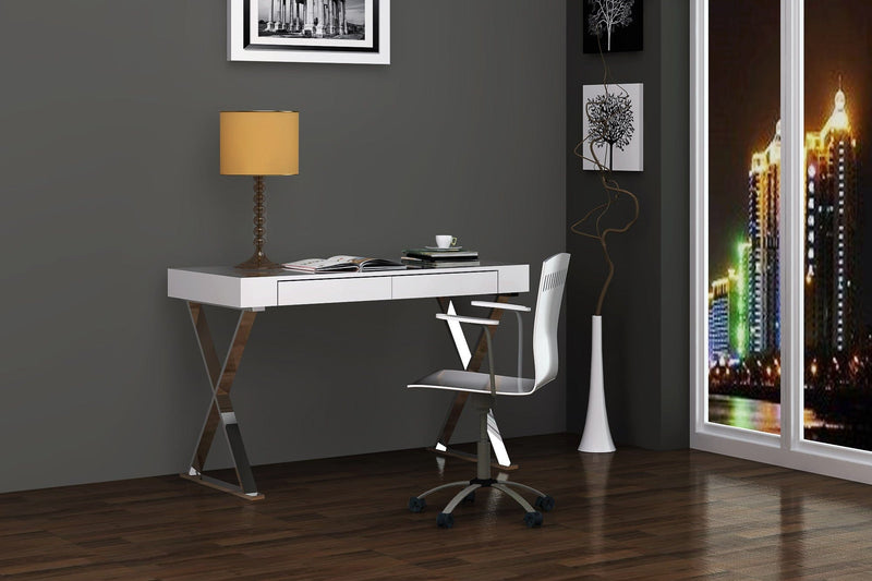 Homeroots Desk Large High Gloss White Two Drawers Stainless Steel Base 320752