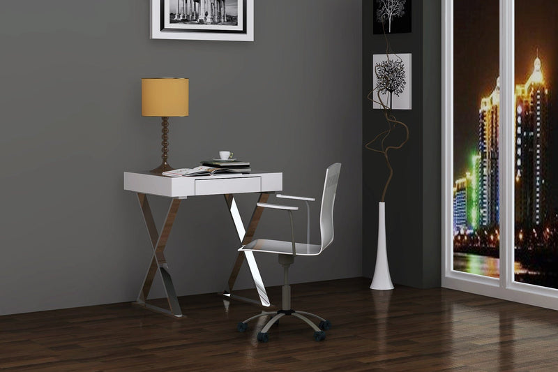 Homeroots Desk Small High Gloss White One Drawer Stainless Steel Base 320753