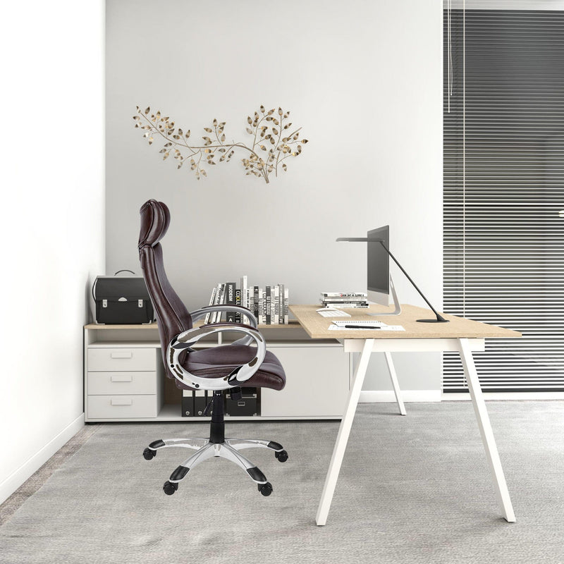 Homeroots Brown Faux Leather Seat Swivel Adjustable Executive Chair Leather Back Steel Frame 333464