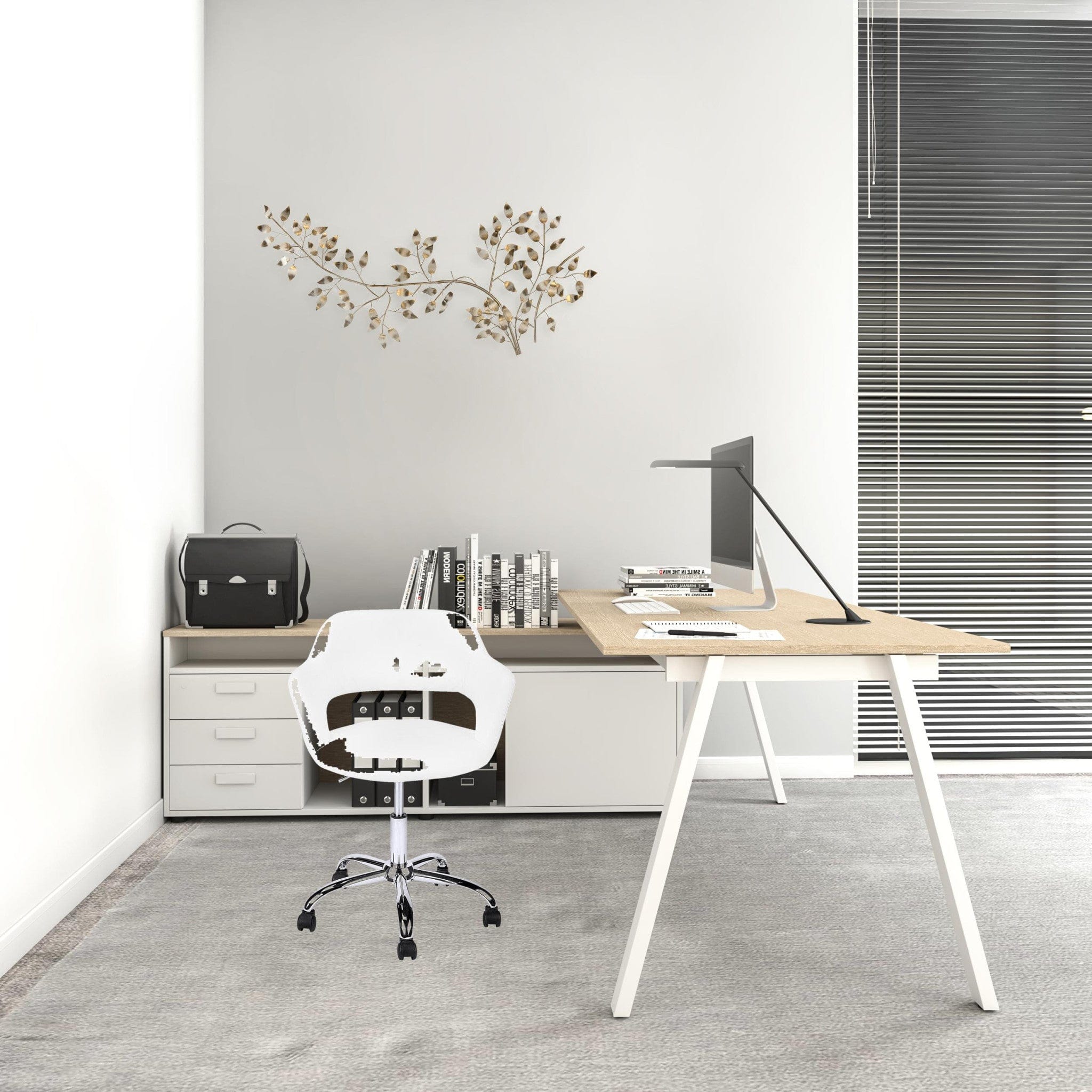 Homeroots White Faux Leather Seat Swivel Adjustable Task Chair Fabric Back Steel Frame 333468