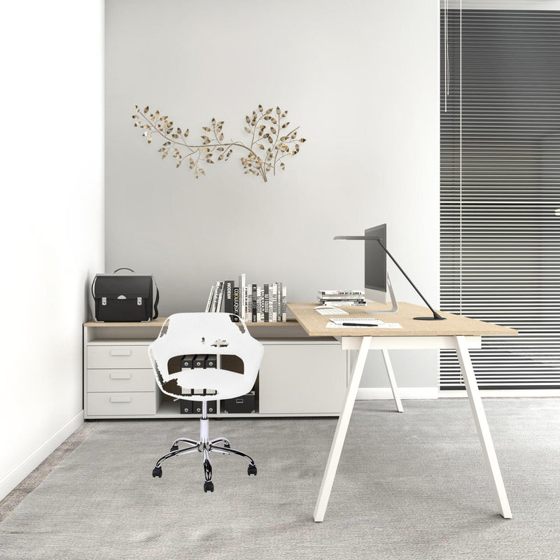 Homeroots White Faux Leather Seat Swivel Adjustable Task Chair Fabric Back Steel Frame 333468