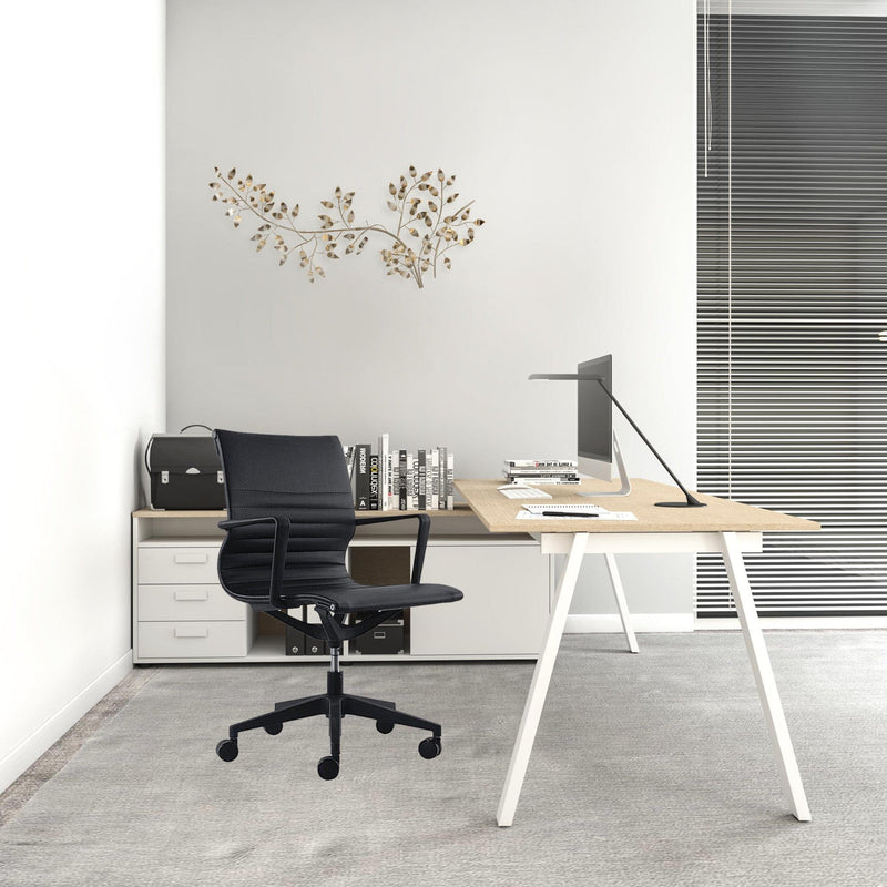 Homeroots Black Vinyl Tufted Seat Swivel Adjustable Task Chair Fabric Back Plastic Frame 372419