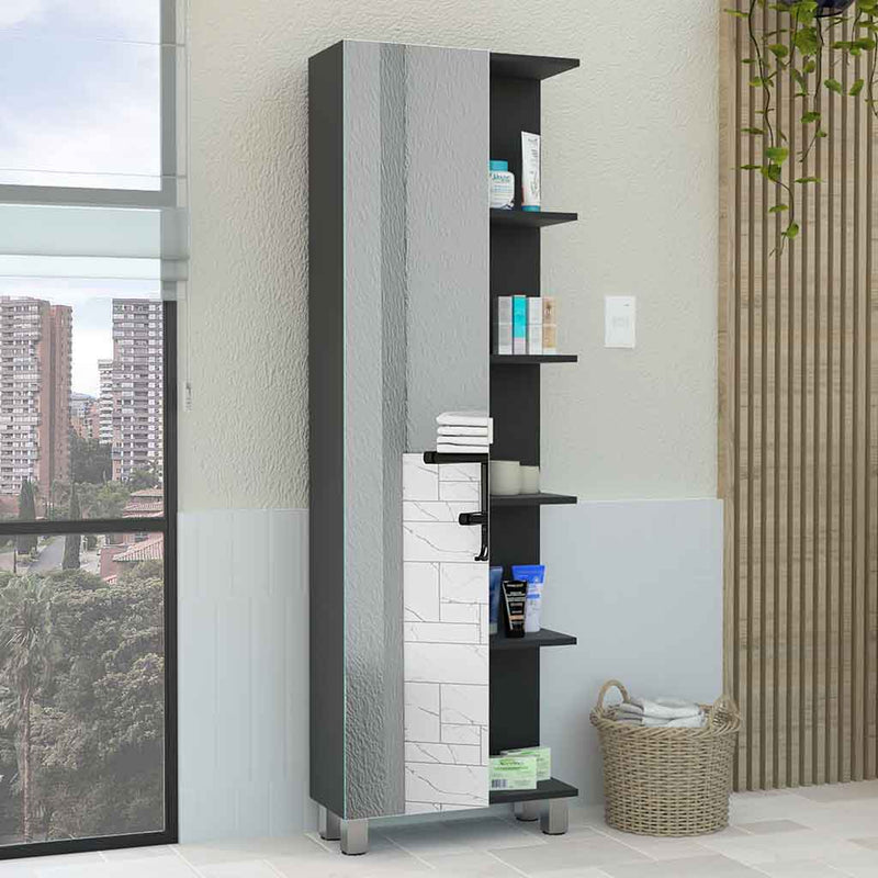 Depot E-Shop Venus Mirror Linen Single Door Cabinet, Five External Shelves, Four Interior Shelves - My Home Office Store