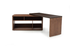 Homeroots 29" Walnut and Brown Veneer L Shaped Desk with a Leather Top 284264