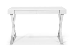 Homeroots Desk Large High Gloss White Two Drawers Stainless Steel Base 320752